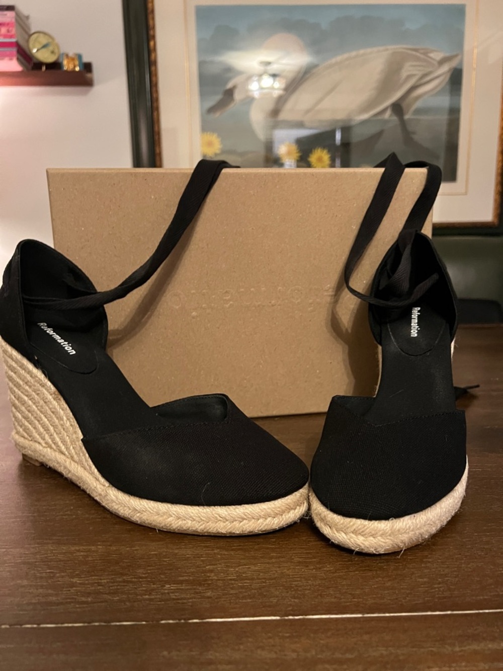Reformation Black Espadrille Wedge Sandals with Ankle Tie
